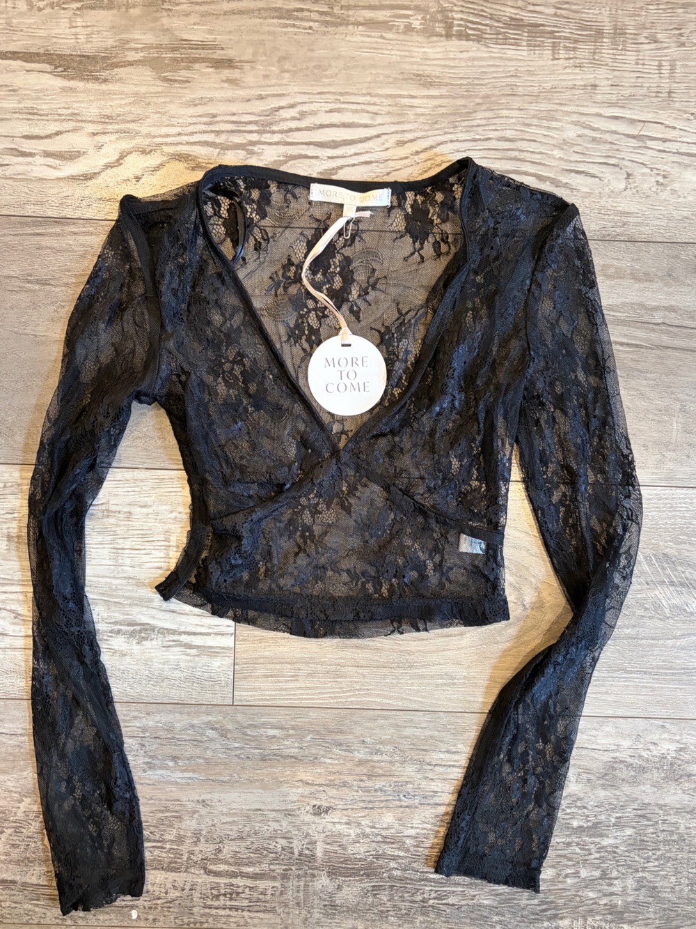 REVOLVE Black Lace Long Sleeve Wrap Crop Top